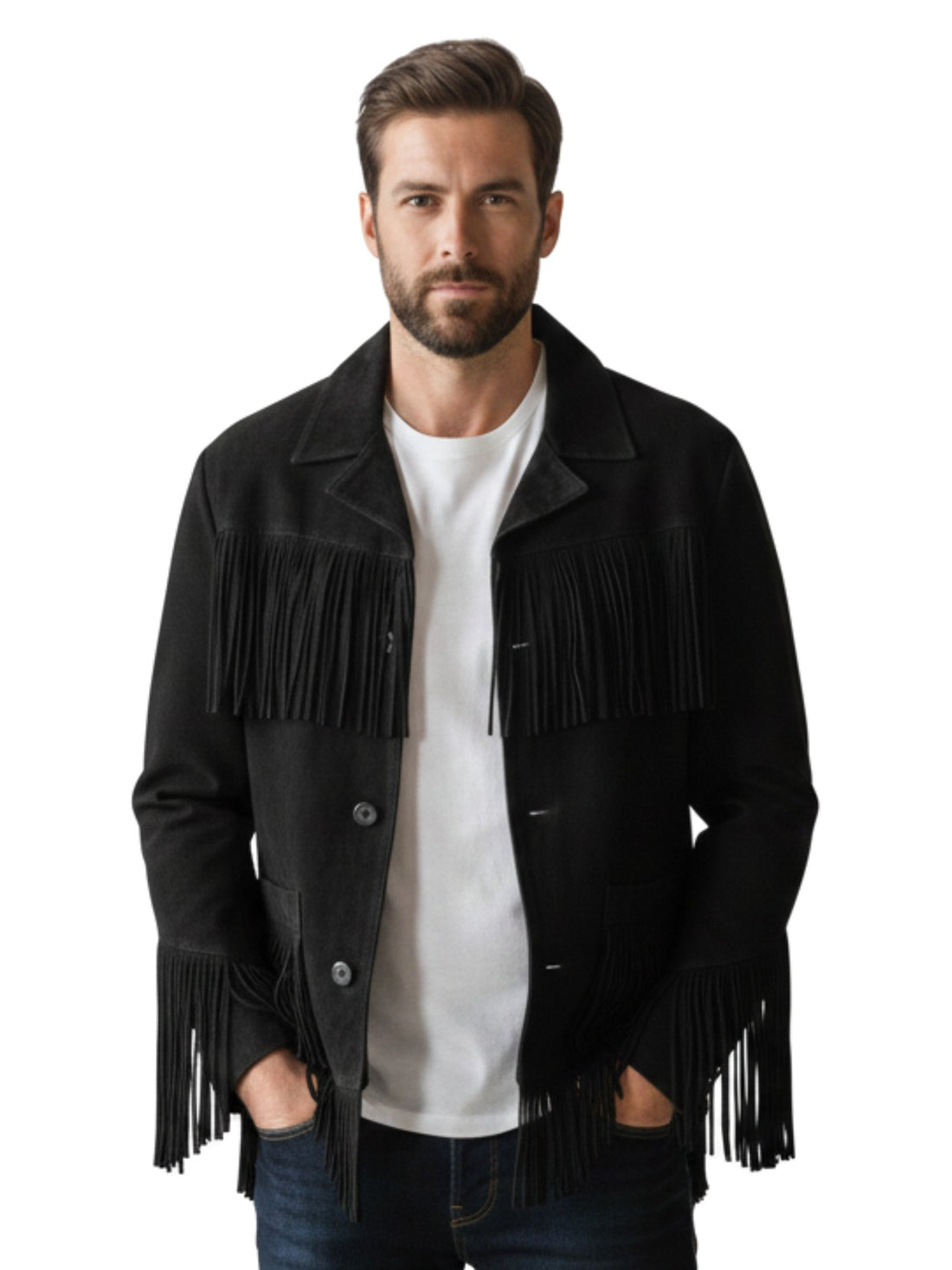 Men’s black suede Western fringe jacket with button front, front view