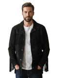 Men’s black suede Western fringe jacket with button front, front view
