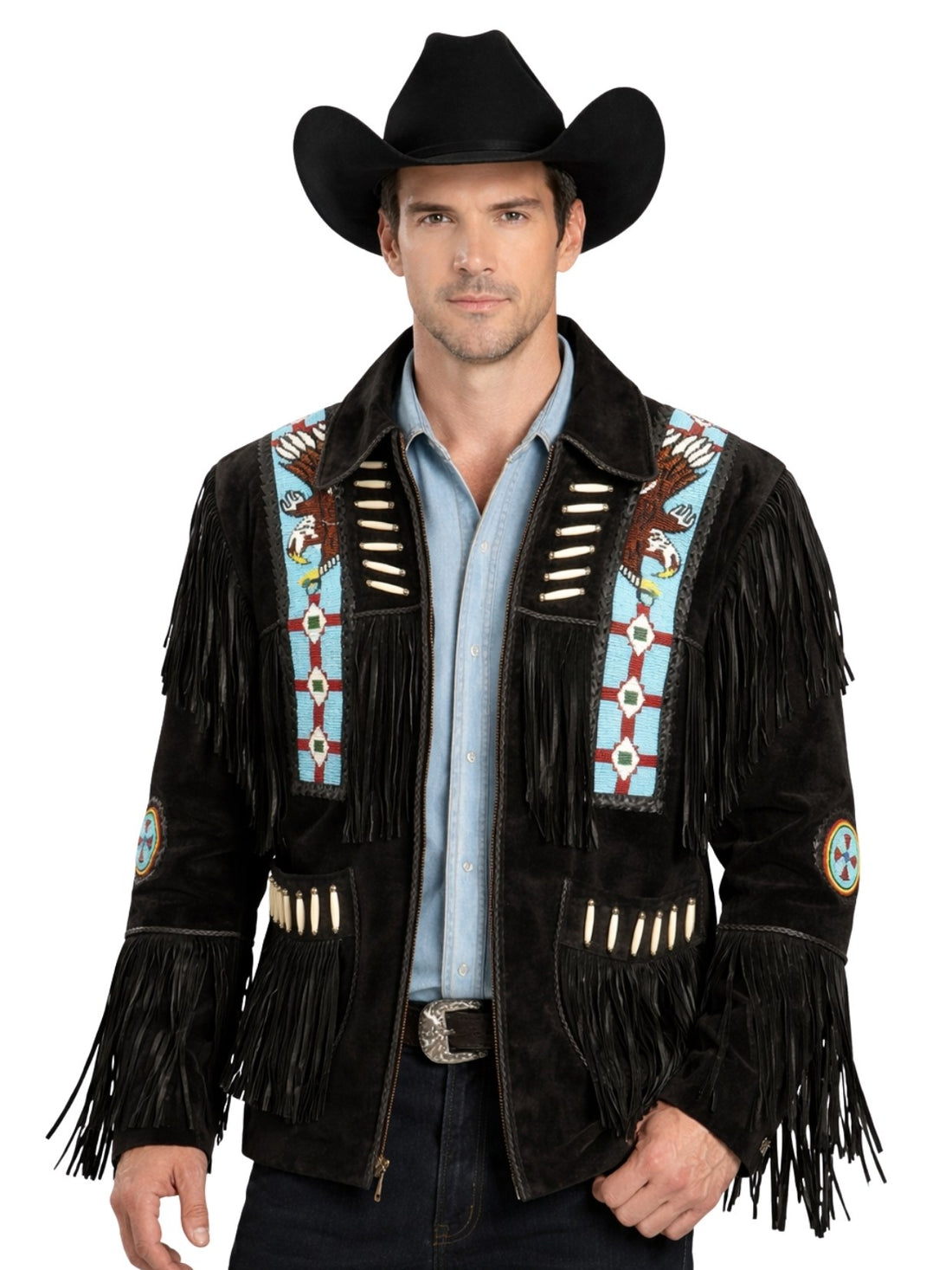 mens black suede western fringe jacket native beadwork