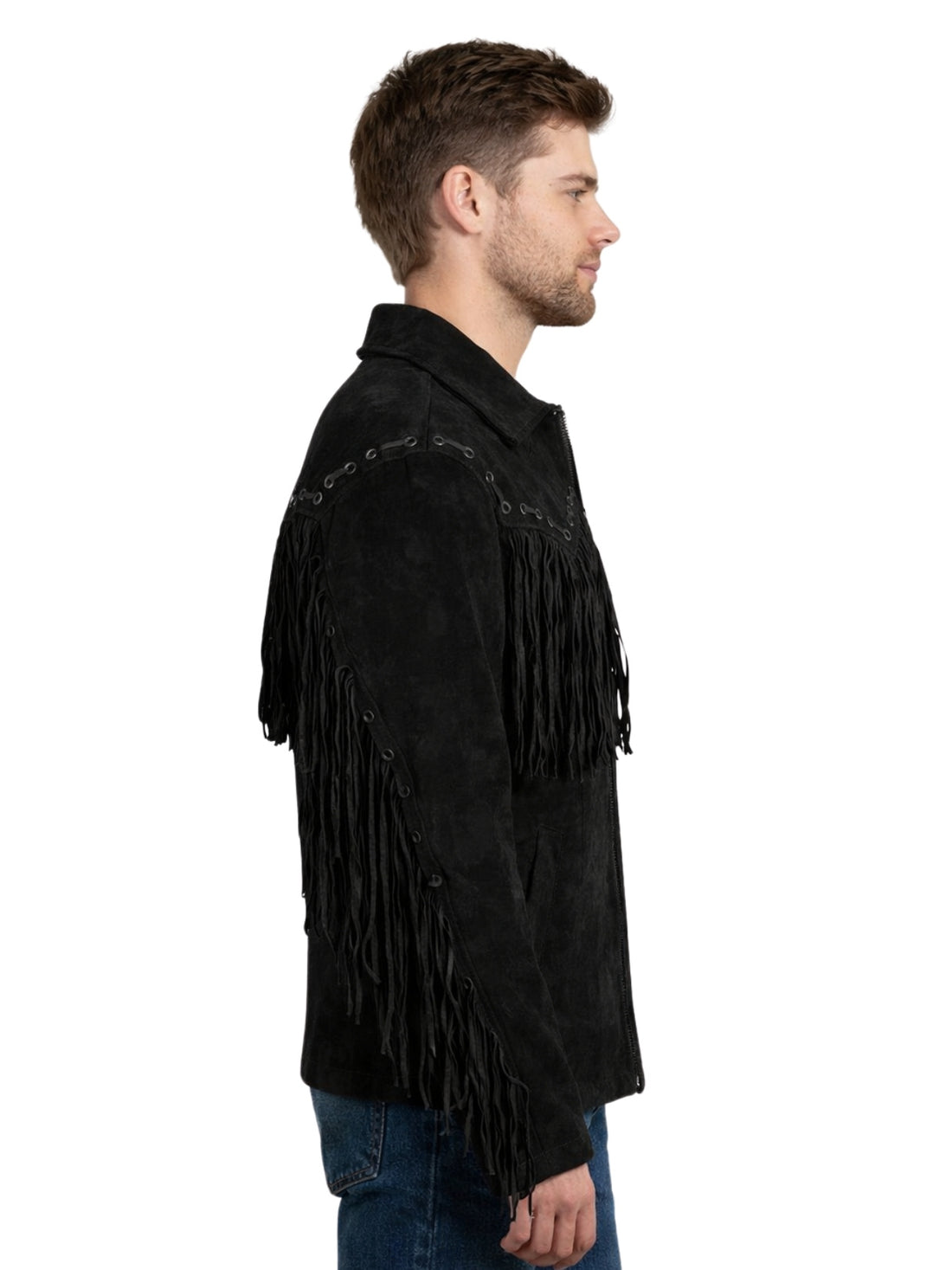 Men’s black suede cowboy fringe jacket with zip front and decorative yoke