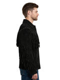 Side profile of men’s black suede Western jacket with chest and sleeve fringe
