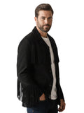 Three-quarter view of men’s black suede fringe jacket with chest fringe