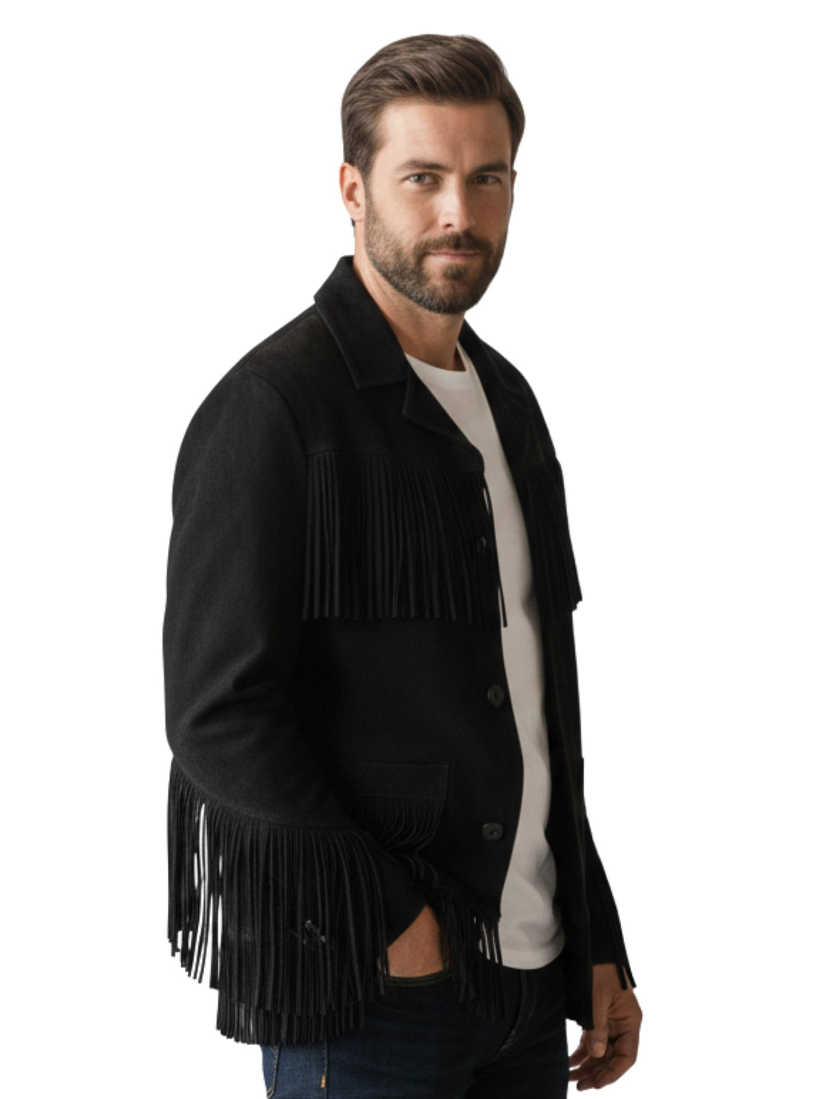 Three-quarter view of men’s black suede fringe jacket with chest fringe