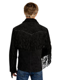 Back view of men’s black suede jacket with Western yoke and long fringe