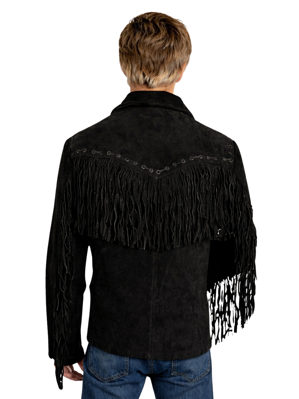 Back view of men’s black suede jacket with Western yoke and long fringe