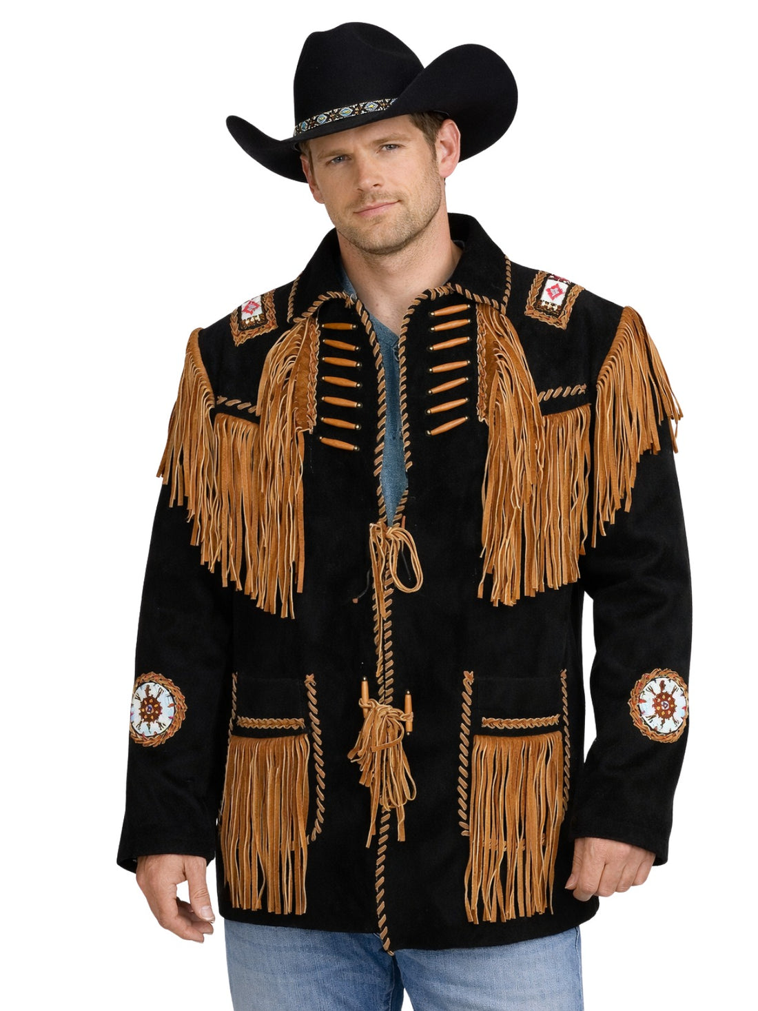 mens black western fringe jacket bone bead