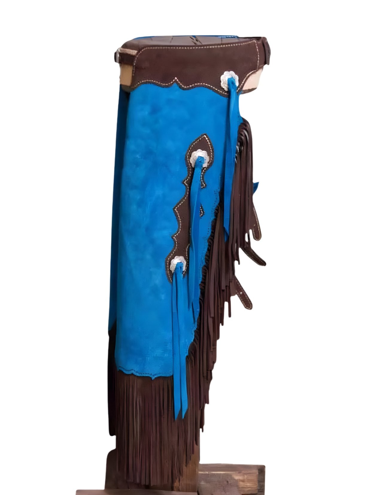 mens blue suede cowboy chaps side view long fringe detail