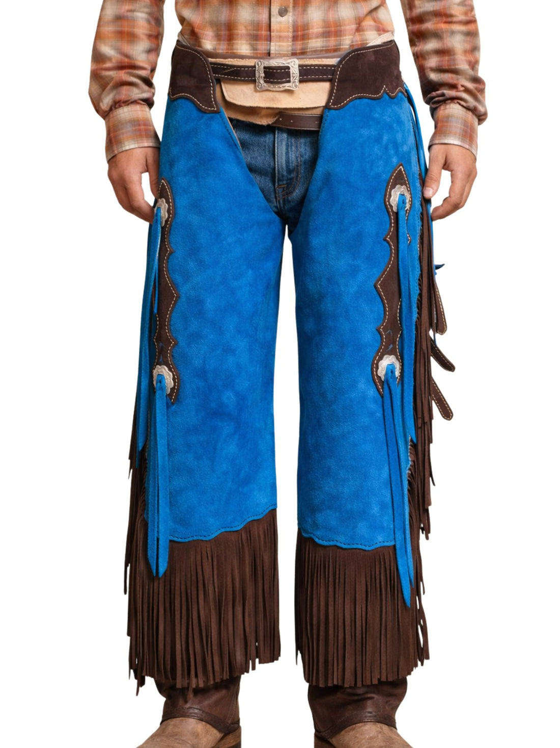 mens blue suede western chaps brown leather fringe cowboy