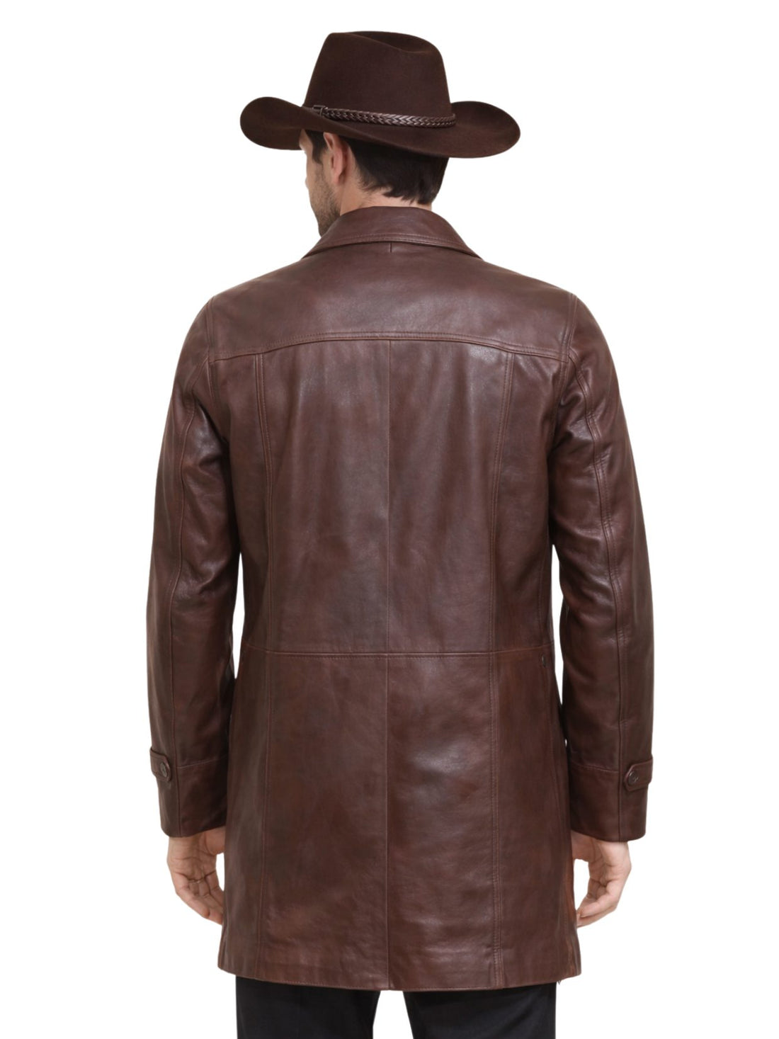 Man wearing a brown leather coat and cowboy hat on a white background