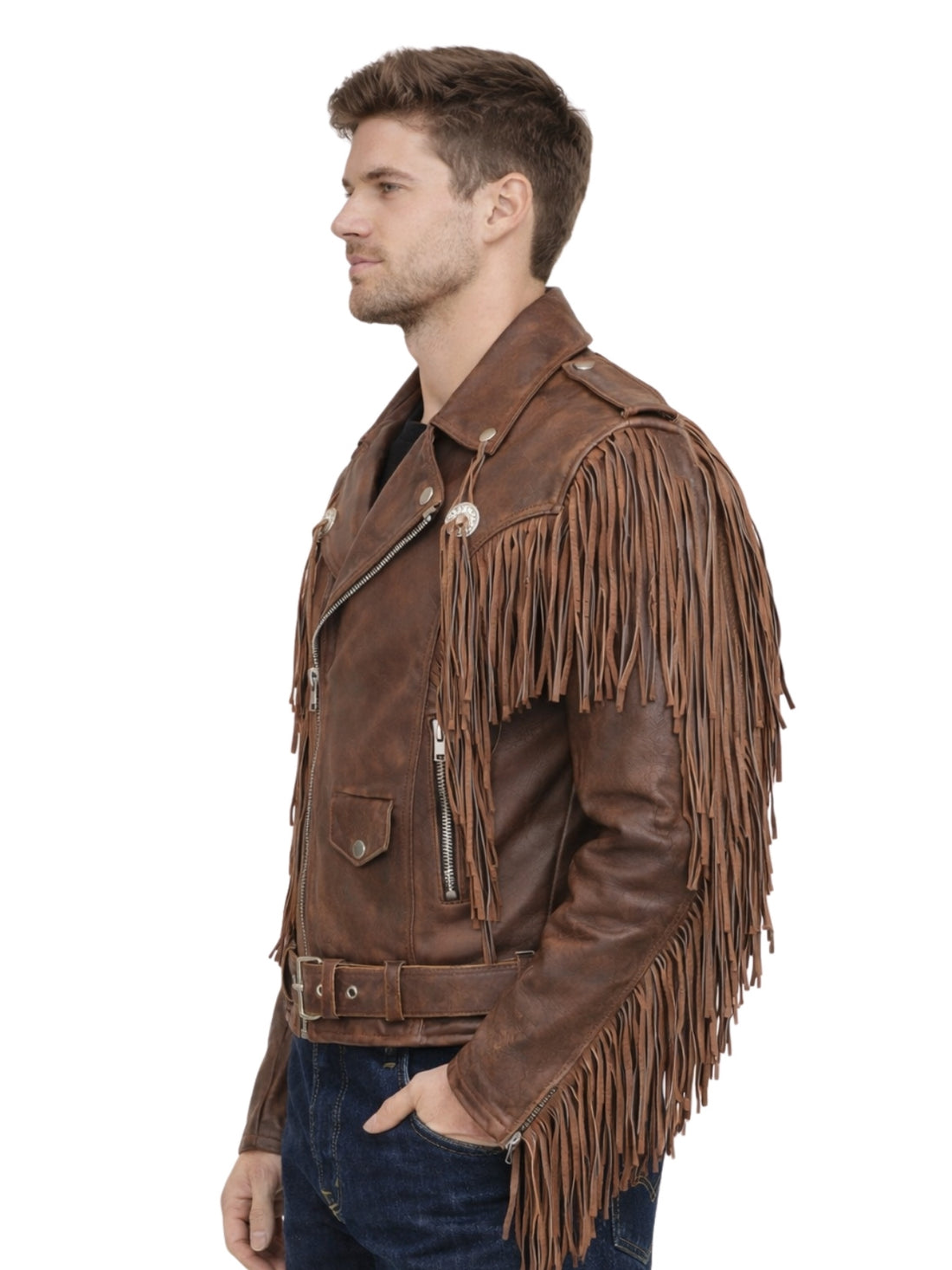 mens distressed brown leather fringe motorcycle jacket front