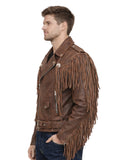 mens brown leather fringe biker jacket side view
