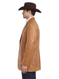 Man wearing a tan leather coat and brown cowboy hat on a white background
