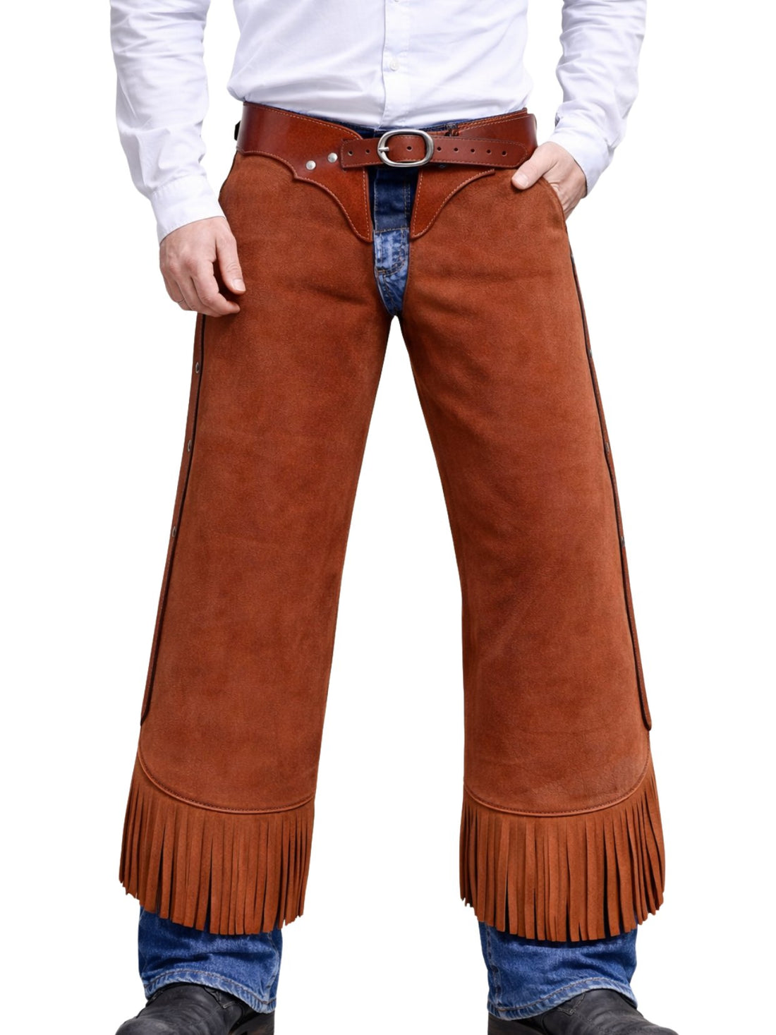 Brown suede chaps with fringes worn over jeans on a white background