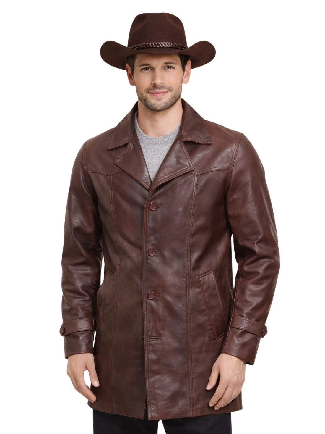 Man wearing a brown leather coat and cowboy hat on a white background