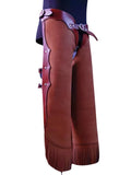 Brown leather leg guard with fringe details on a white background