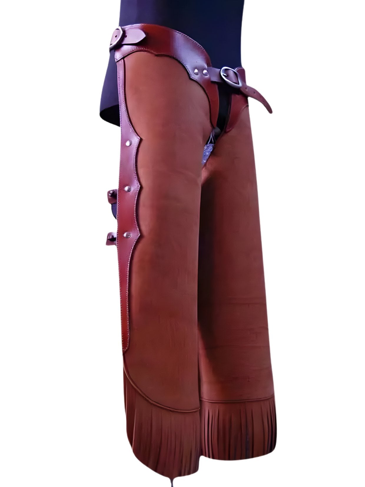 Brown leather leg guard with fringe details on a white background