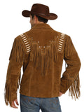 Back view of a brown genuine suede cowboy fringe jacket with fringe and bone bead detailing