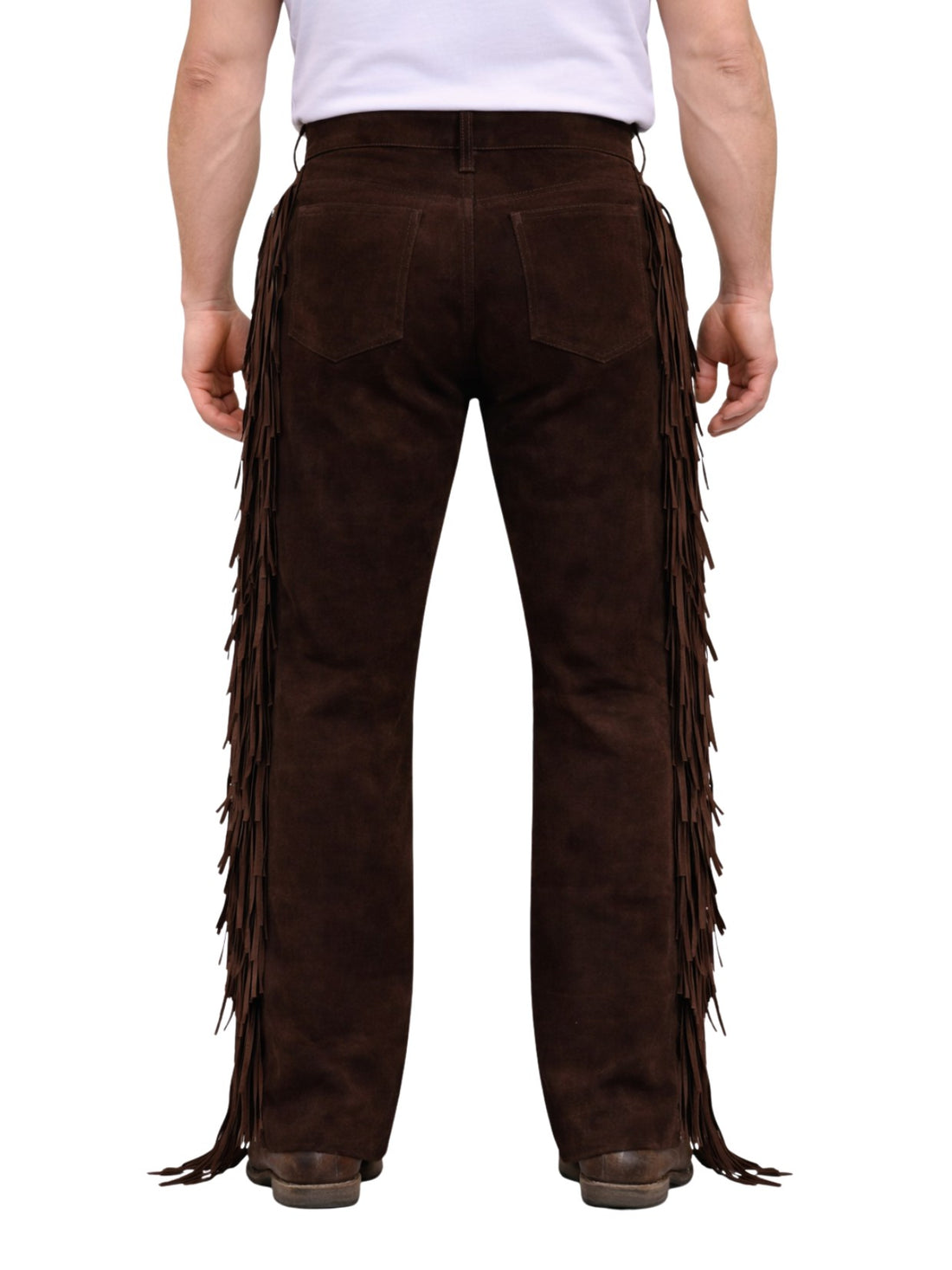 Brown fringed pants worn by a person on a white background