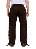 Brown suede fringed pants worn by a person on a white background