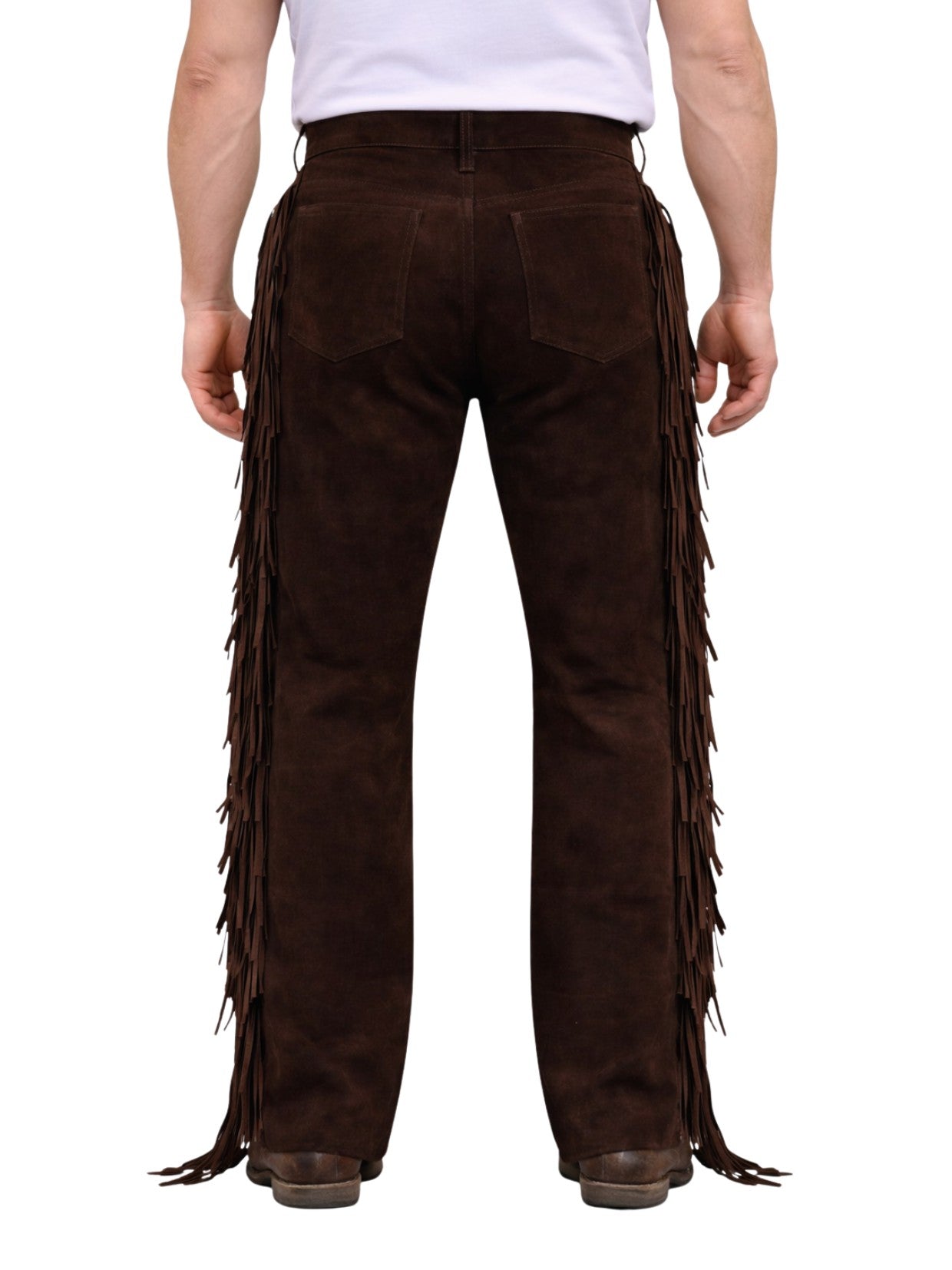 Brown suede fringed pants worn by a person on a white background