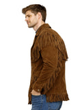 mens brown suede fringe jacket side profile