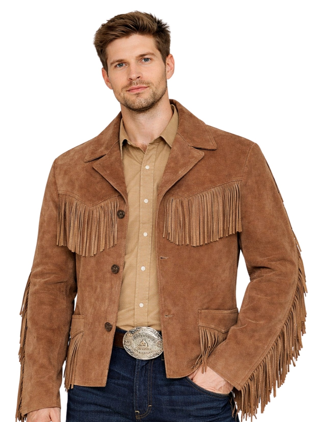 Men’s brown suede fringe ranch jacket with button front, front view