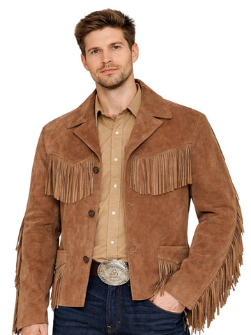 Men’s brown suede fringe ranch jacket with button front, front view