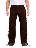 Brown fringed pants worn by a person on a white background