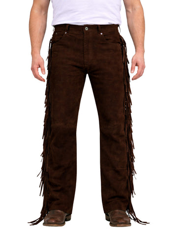 Brown fringed pants worn by a person on a white background