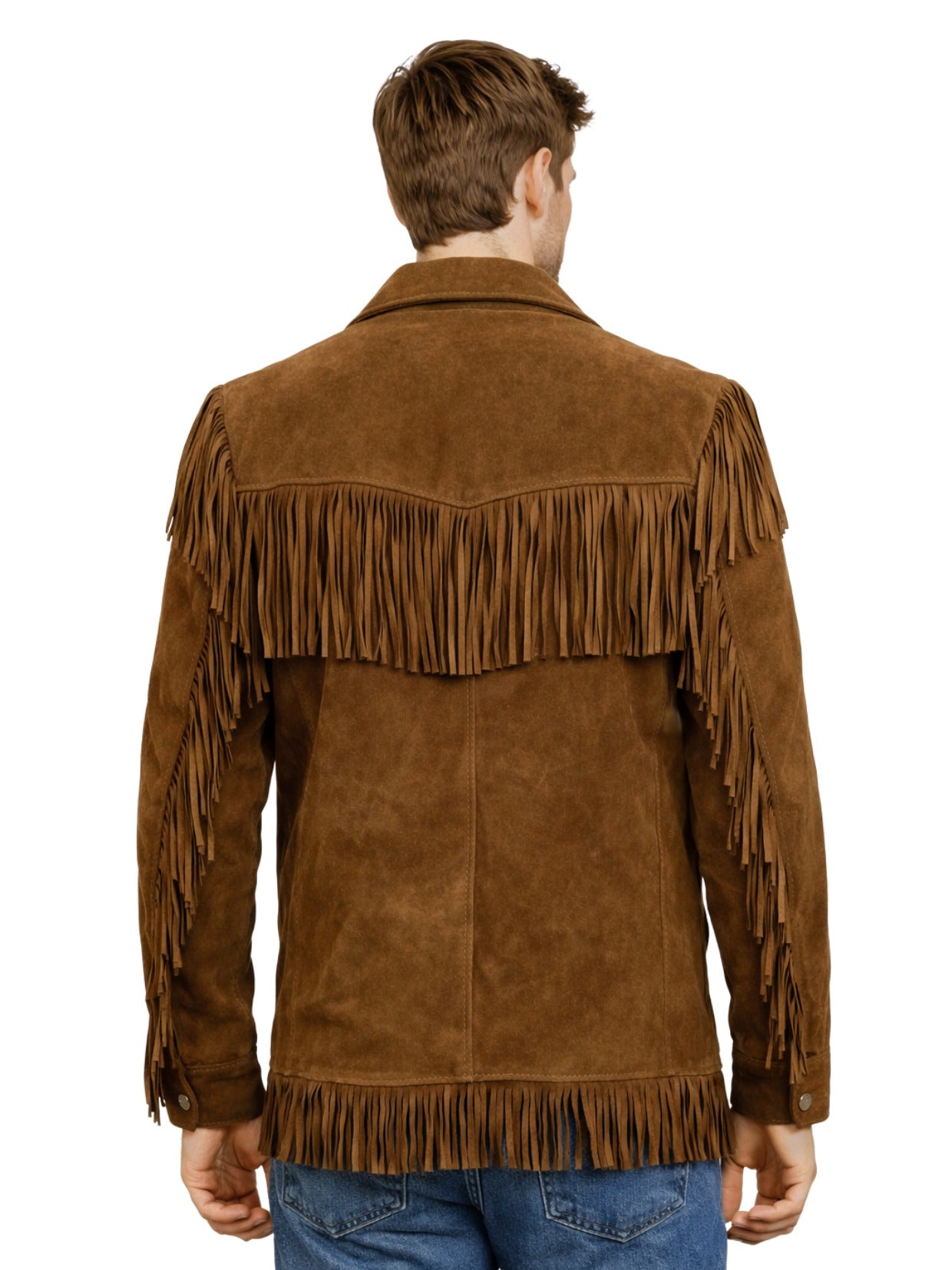 mens brown suede western fringe jacket back