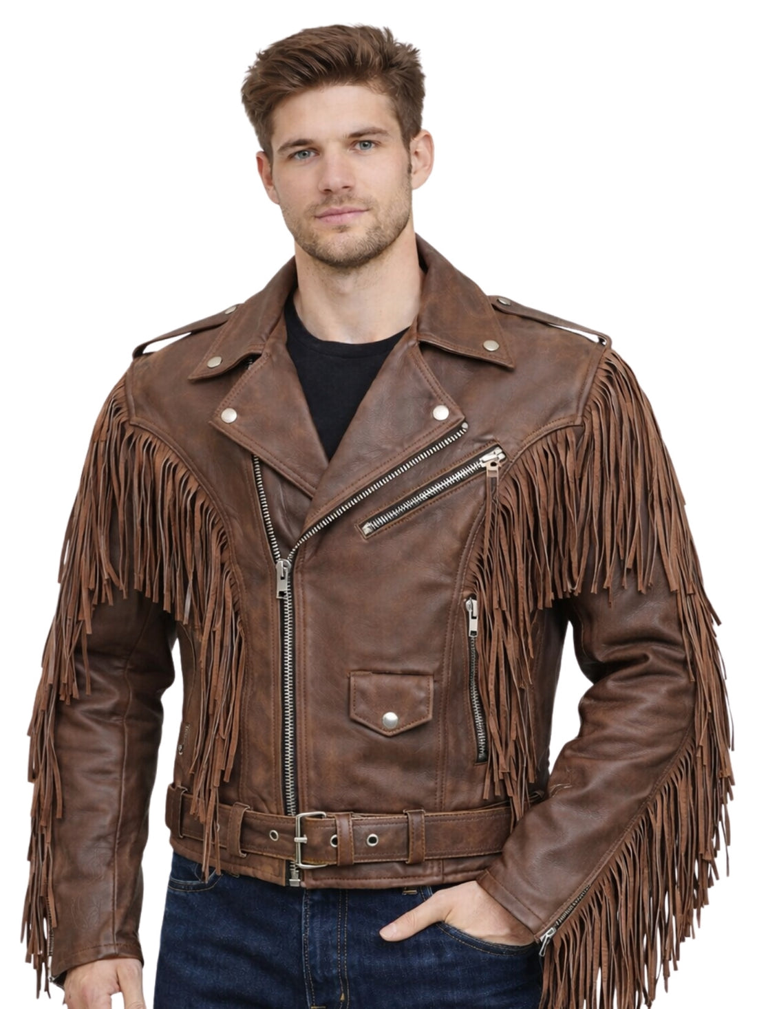 mens distressed brown leather fringe motorcycle jacket front
