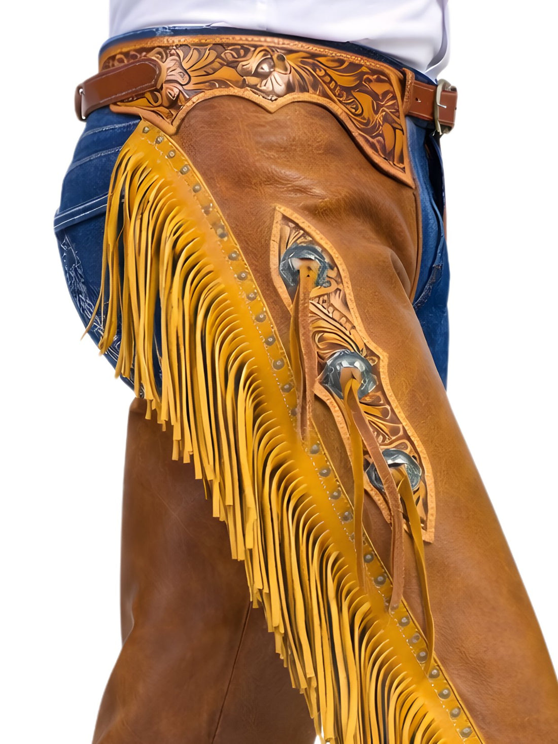 mens tan leather western fringe chinks tooled yoke