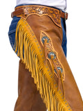 mens mustard leather cowboy fringe chinks hand tooled