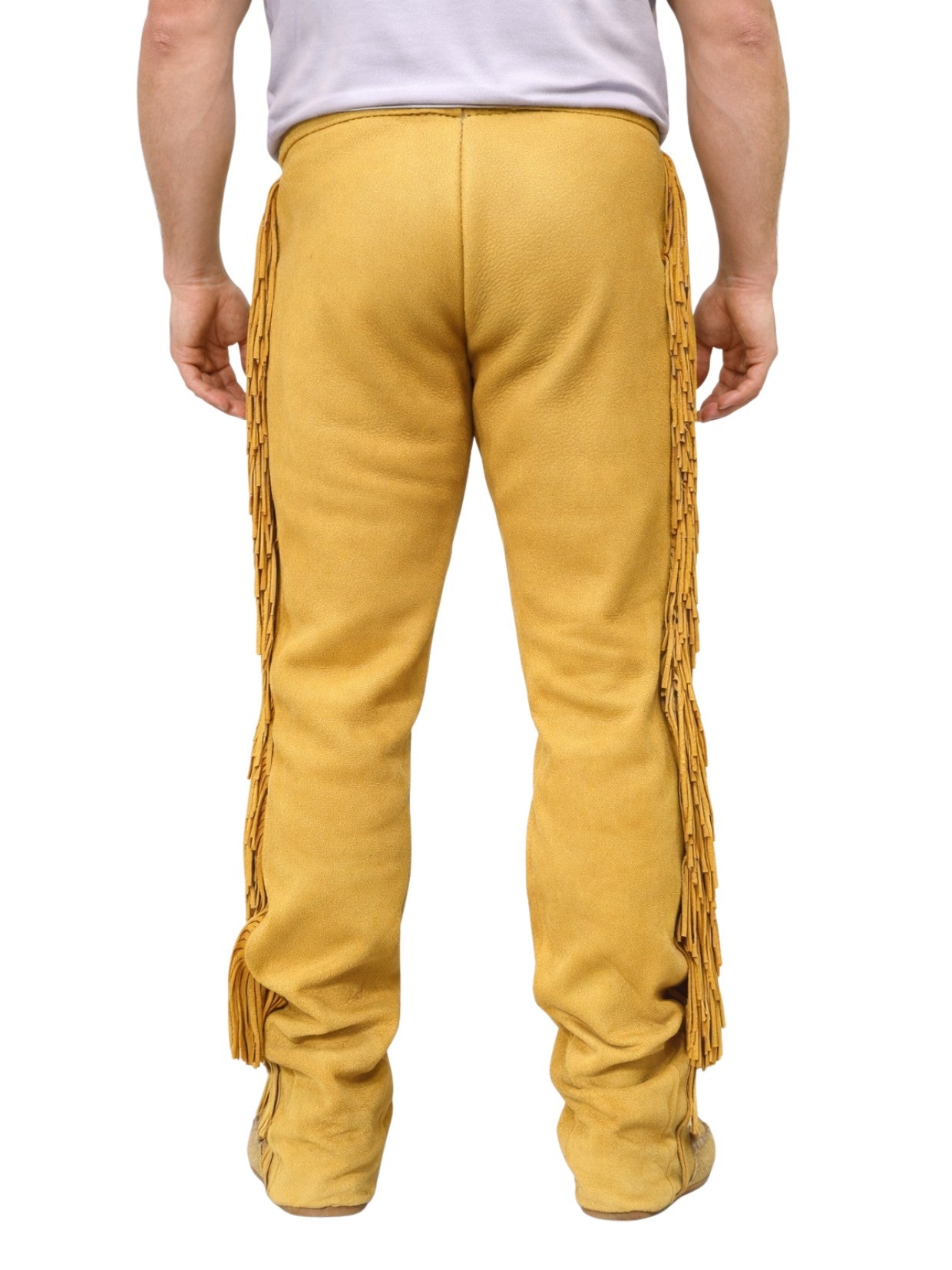 Mustard yellow sweatpants with fringe details on a white background