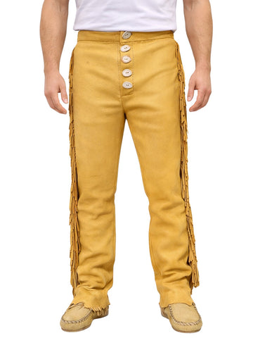 Mustard yellow pants with button details and fringes on a white background