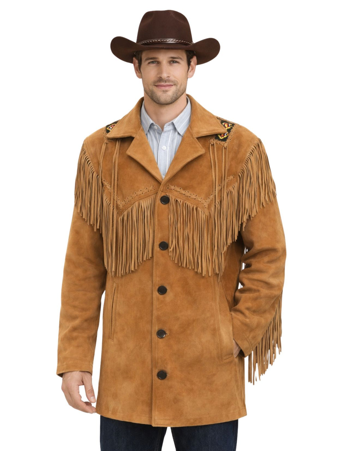 Man wearing a tan suede leather coat with fringes and a brown cowboy hat on a white background