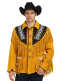 mens mustard suede western fringe jacket embroidered yoke