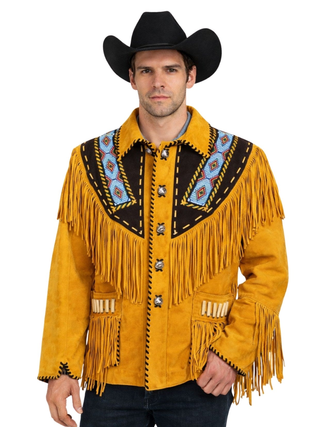mens mustard suede western fringe jacket embroidered yoke