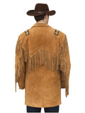 Man wearing a brown suede fringe jacket with decorative elements on a white background