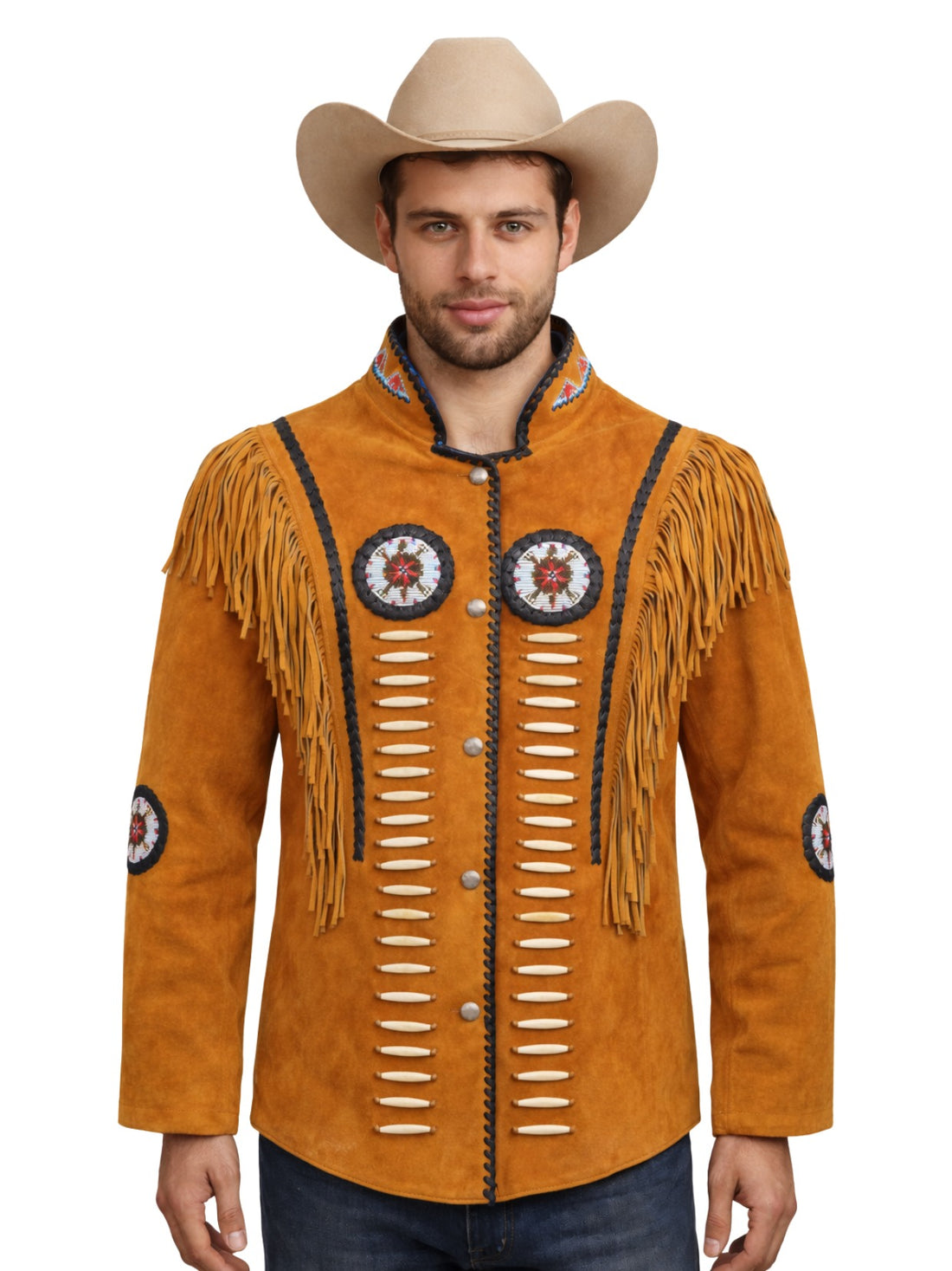 mens rust western suede fringe jacket bone work