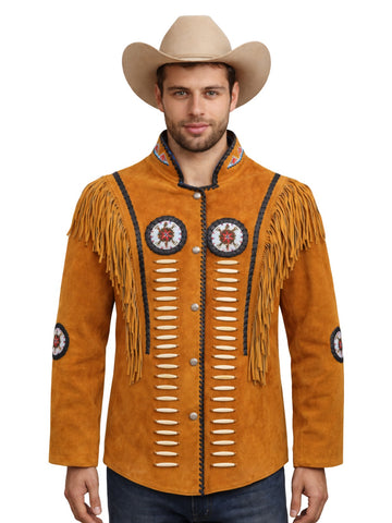 mens rust western suede fringe jacket bone work