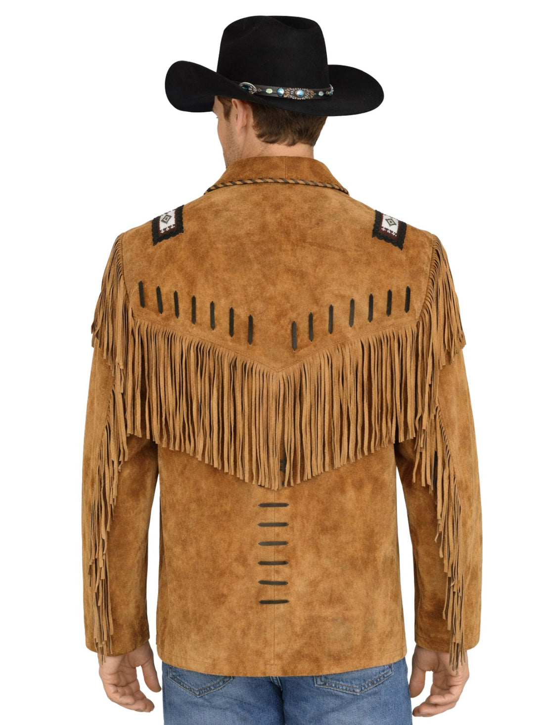 Men's tan beaded fringe Western jacket with cowboy styling