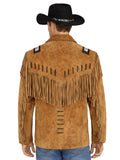 Back view of men's tan Western fringe jacket with beaded shoulder details