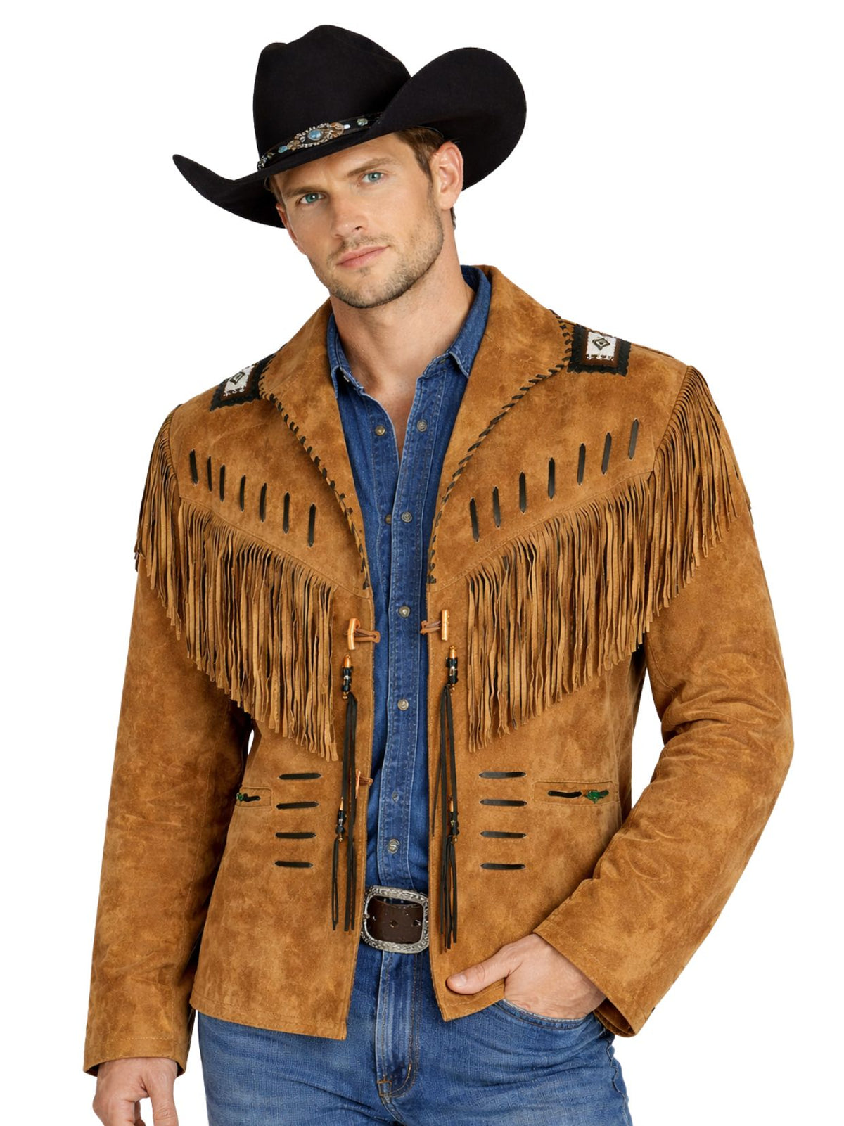 Men's tan beaded fringe Western jacket with cowboy styling