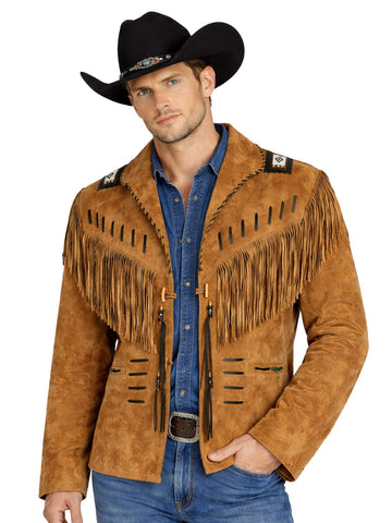 Men's tan beaded fringe Western jacket with cowboy styling