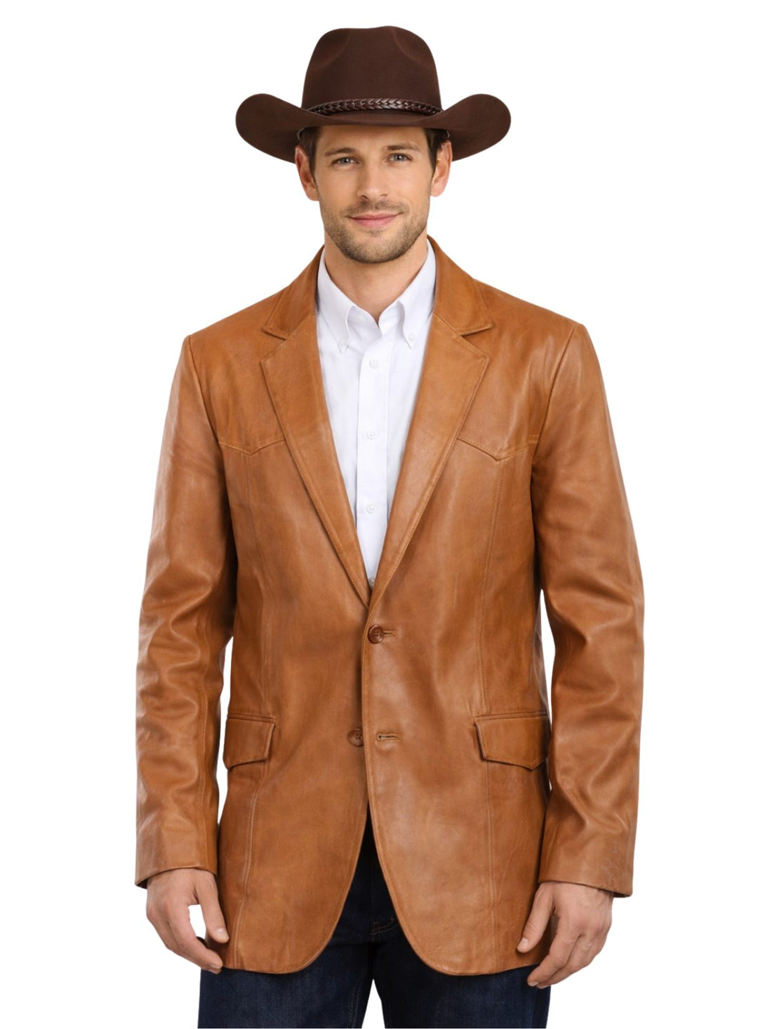 Man wearing a brown leather blazer and cowboy hat on a white background