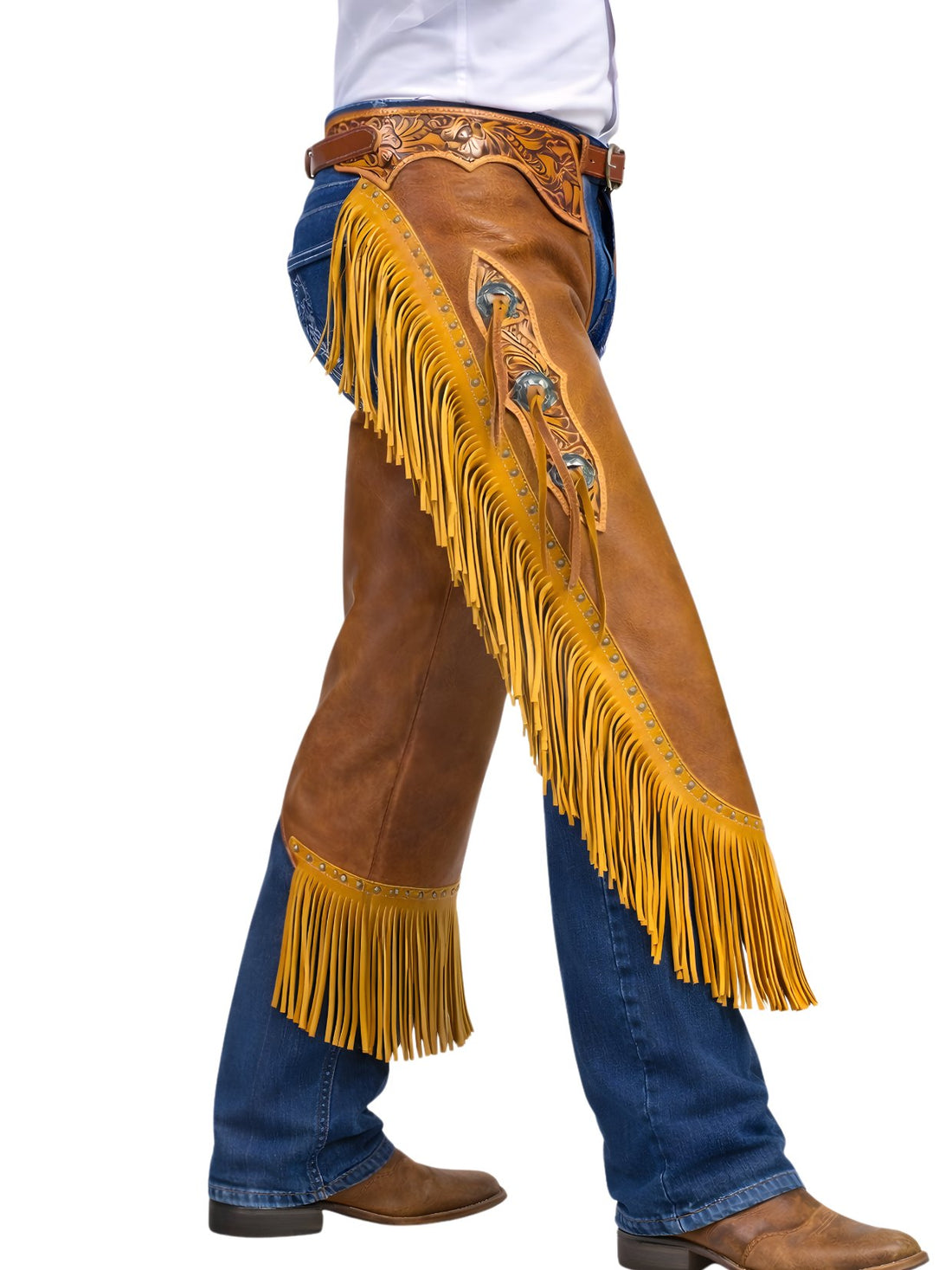 mens tan leather western fringe chinks tooled yoke
