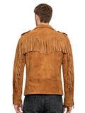 Back view of men’s tan suede biker jacket with shoulder and sleeve fringe