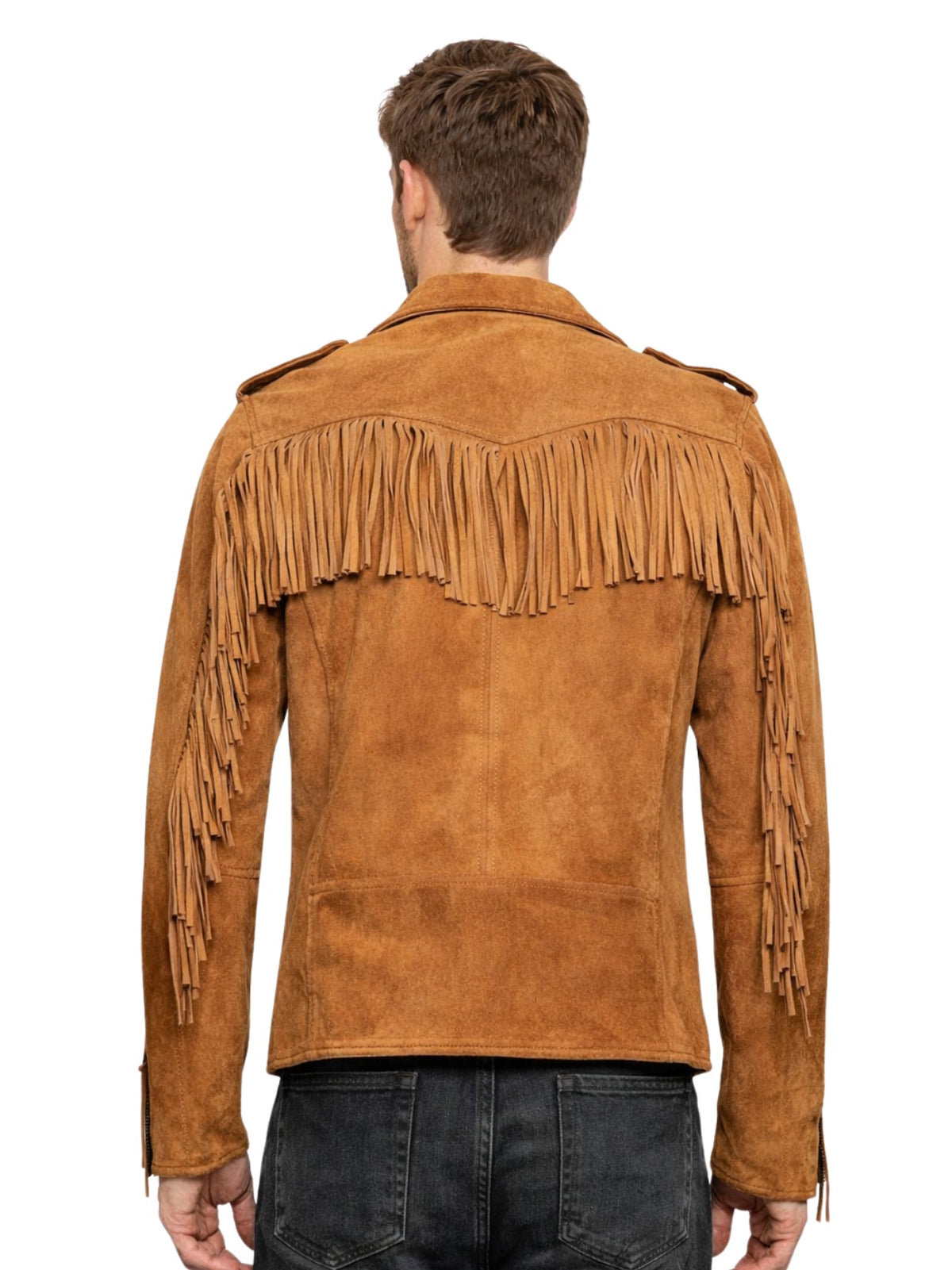 Back view of men’s tan suede biker jacket with shoulder and sleeve fringe