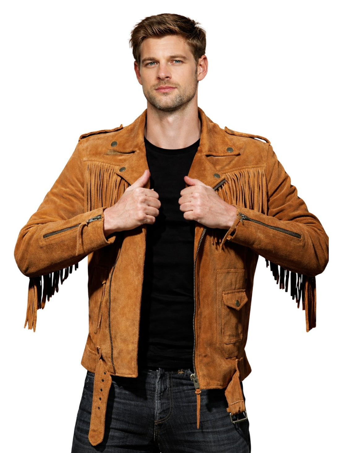 Men’s tan suede fringe biker jacket with asymmetrical zipper, front view